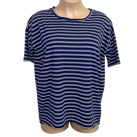 Large LuLaRoe Blue White Striped Tee Oversized Stretch Scoop Neck T Shirt - Picture 1 of 7